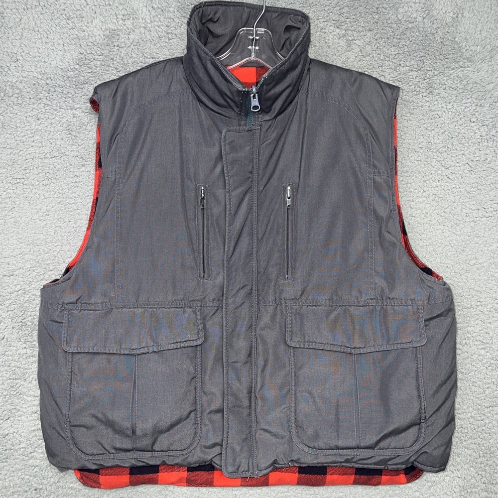 Hardy Amies London Vest Men's Sz L Gray‎ Reversible Red Buffalo Plaid Full Zip